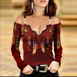 Burgundy Cold Shoulder Chain Accent Feather Shirt